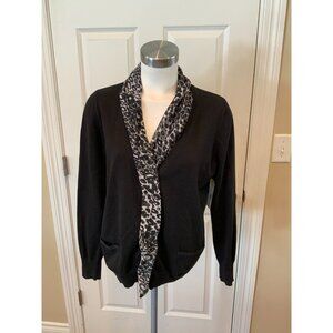 T Tahari Black Cardigan Sweater w/ Gray/Cream Leopard Print Trim, Sz L (Petite)